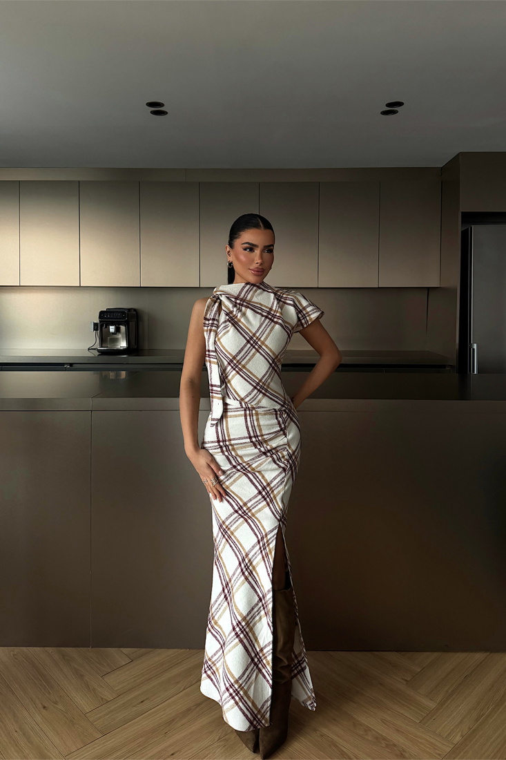 Bordo Aveline Desenli Yırtmaçlı Uzun Elbise ATE-4219 - EYYO