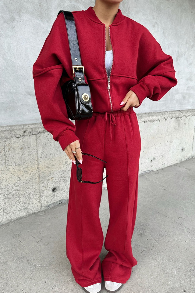 Bordo Fermuar Detay Pantolonlu Takım ATE-0581 - 2