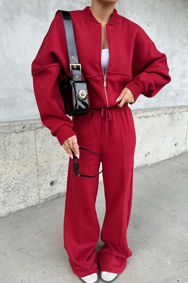 Bordo Fermuar Detay Pantolonlu Takım ATE-0581 - EYYO