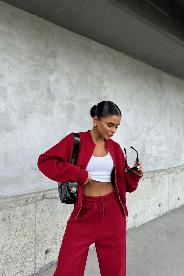 Bordo Fermuar Detay Pantolonlu Takım ATE-0581 - EYYO