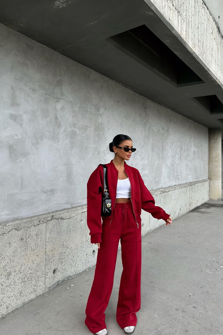 Bordo Fermuar Detay Pantolonlu Takım ATE-0581 - EYYO