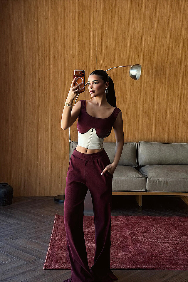 Bordo Fermuar Detay Pantolonlu Takım ATE-5201 