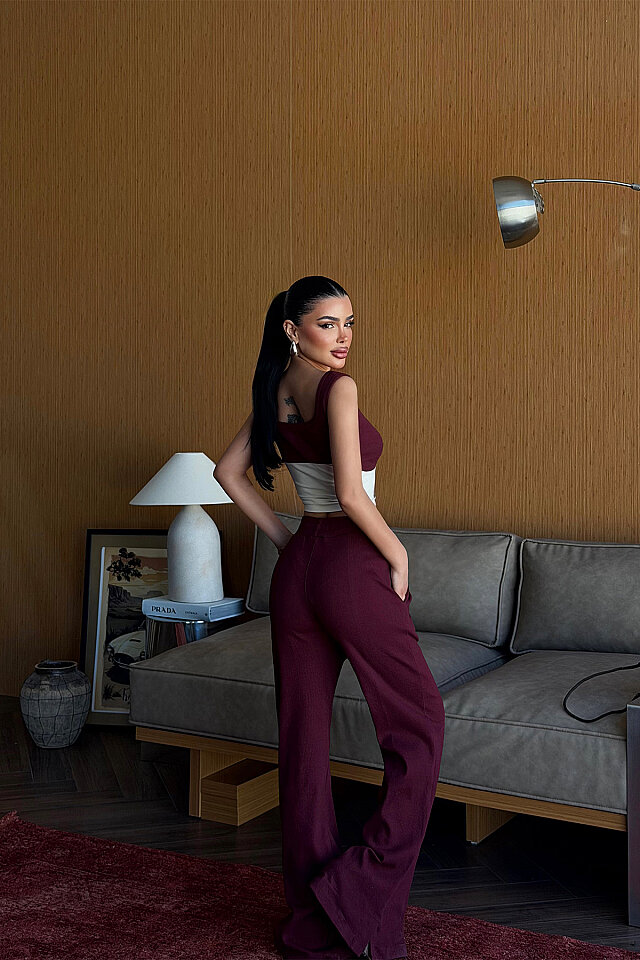 Bordo Fermuar Detay Pantolonlu Takım ATE-5201 - 4