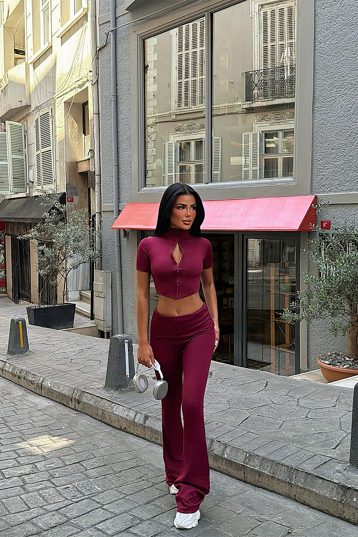 Bordo Fermuar Detay Pantolonlu Takım ATE-5985 - EYYO