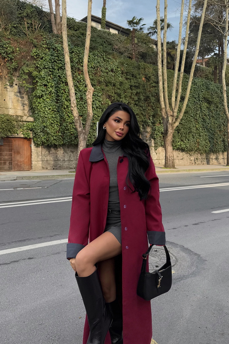 Bordo Gömlek Yaka Uzun Trenckot ATE-2035 - EYYO