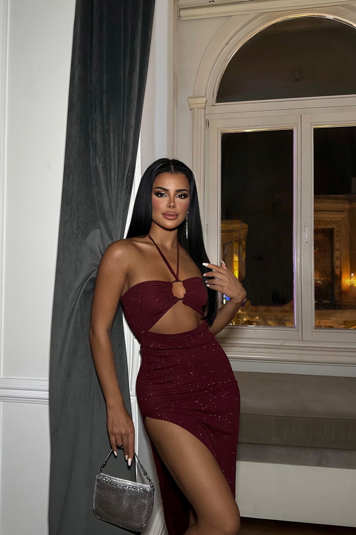 Bordo Halka Detay Pencereli Elbise ATE8333 - EYYO