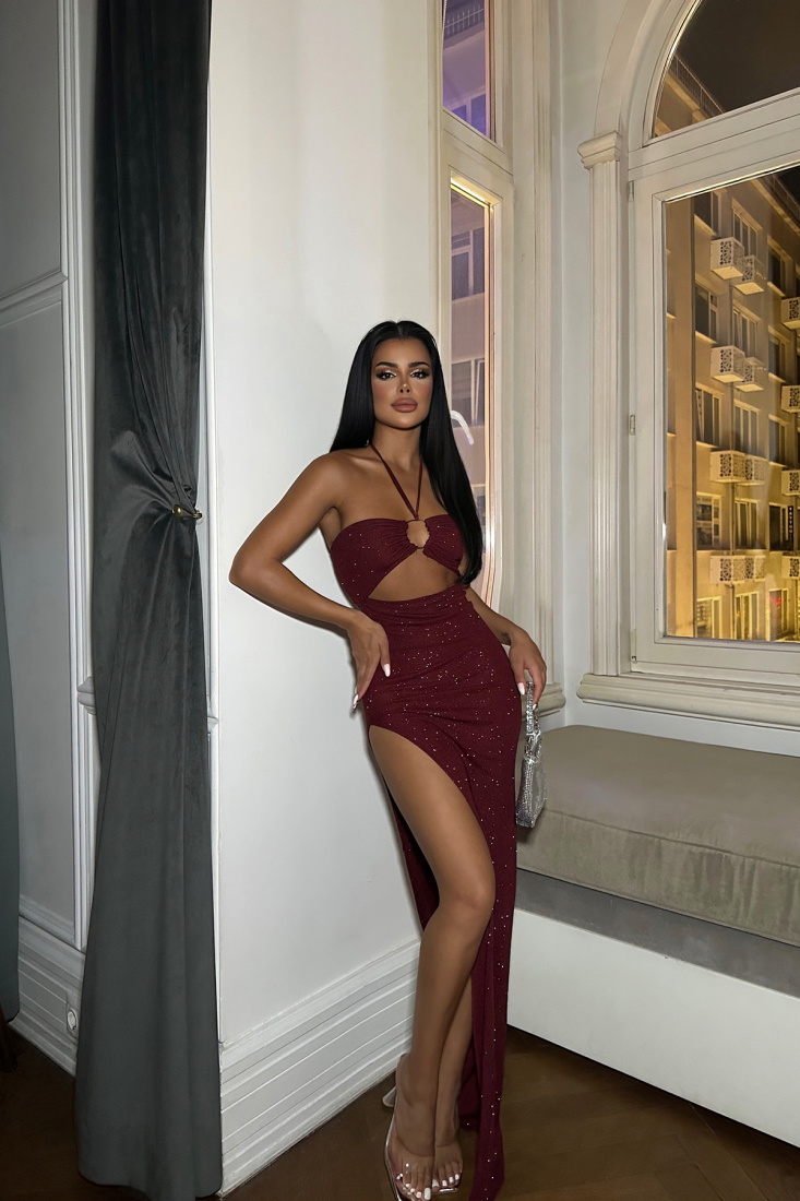 Bordo Halka Detay Pencereli Elbise ATE8333 - EYYO