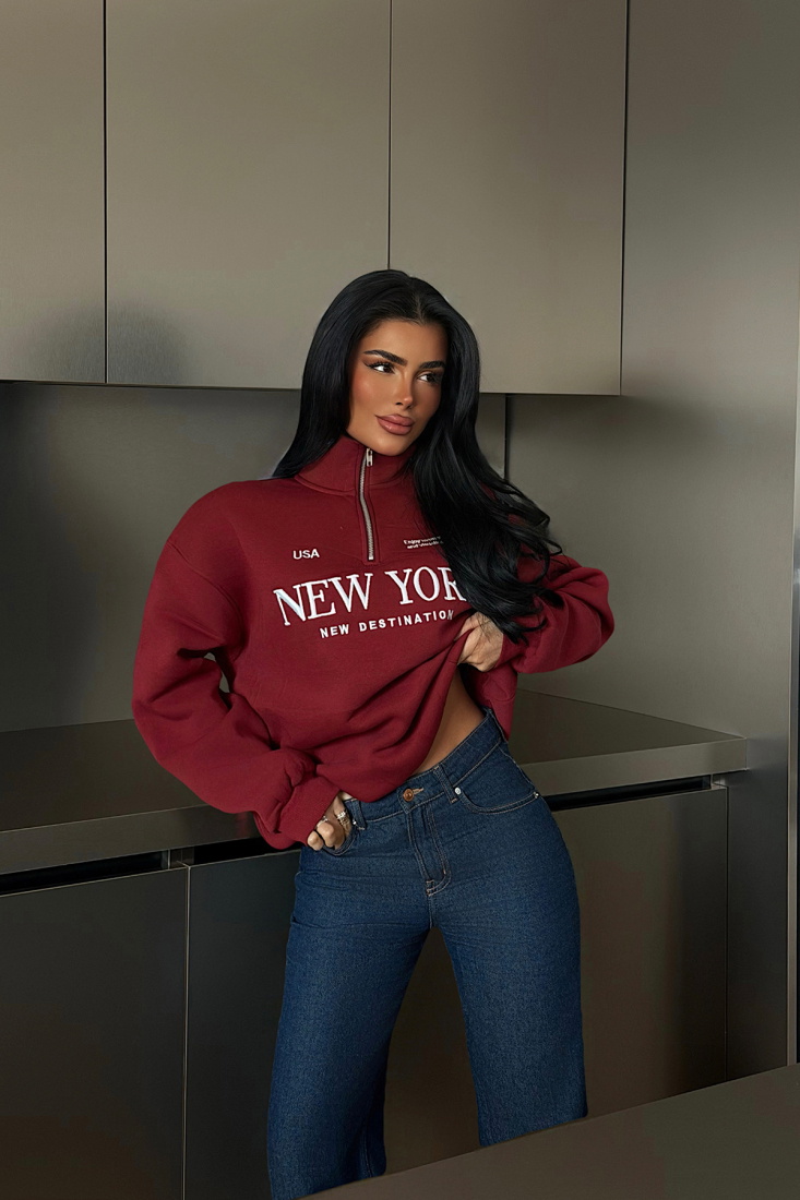 Bordo New York Fermuar Detay Sweatshirt ATE-4608 - EYYO