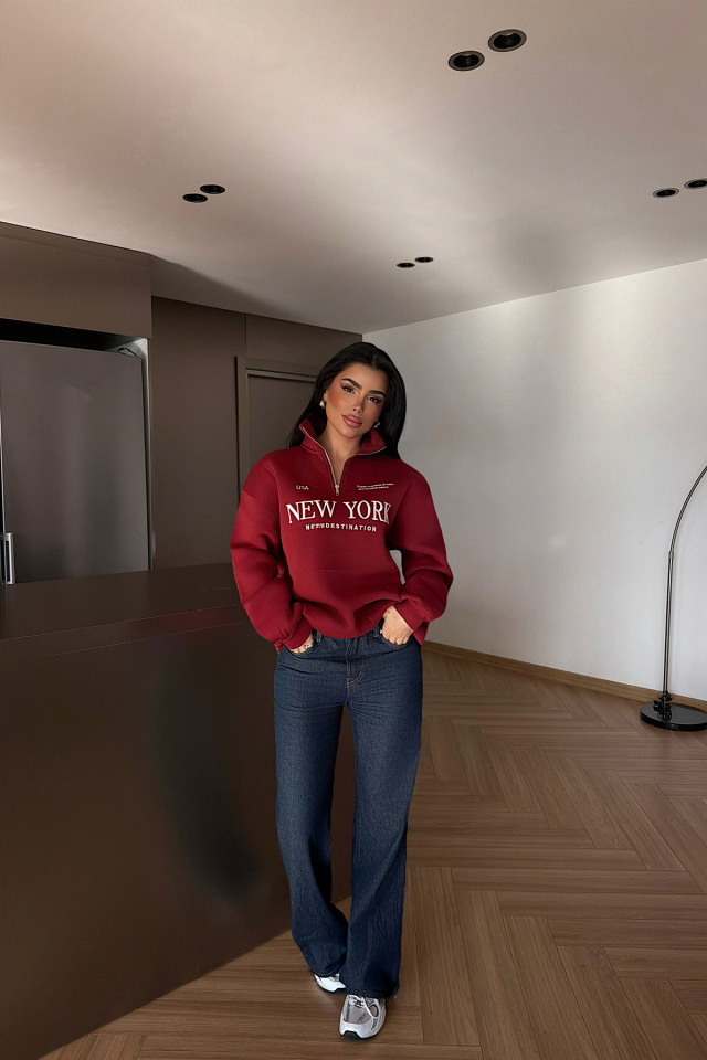 Bordo New York Fermuar Detay Sweatshirt ATE-4608 - 2