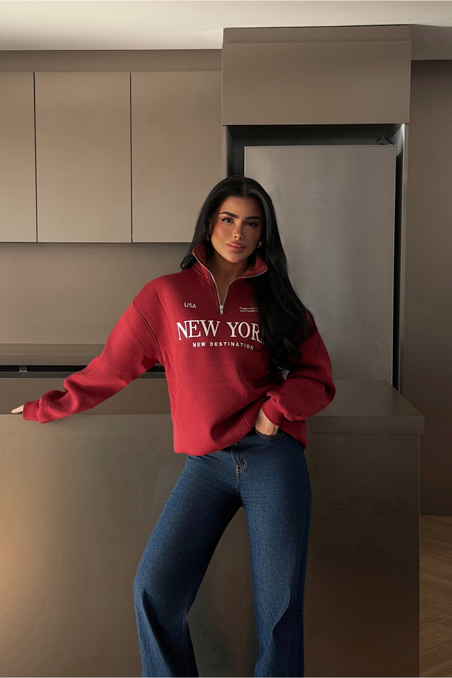 Bordo New York Fermuar Detay Sweatshirt ATE-4608 - 3