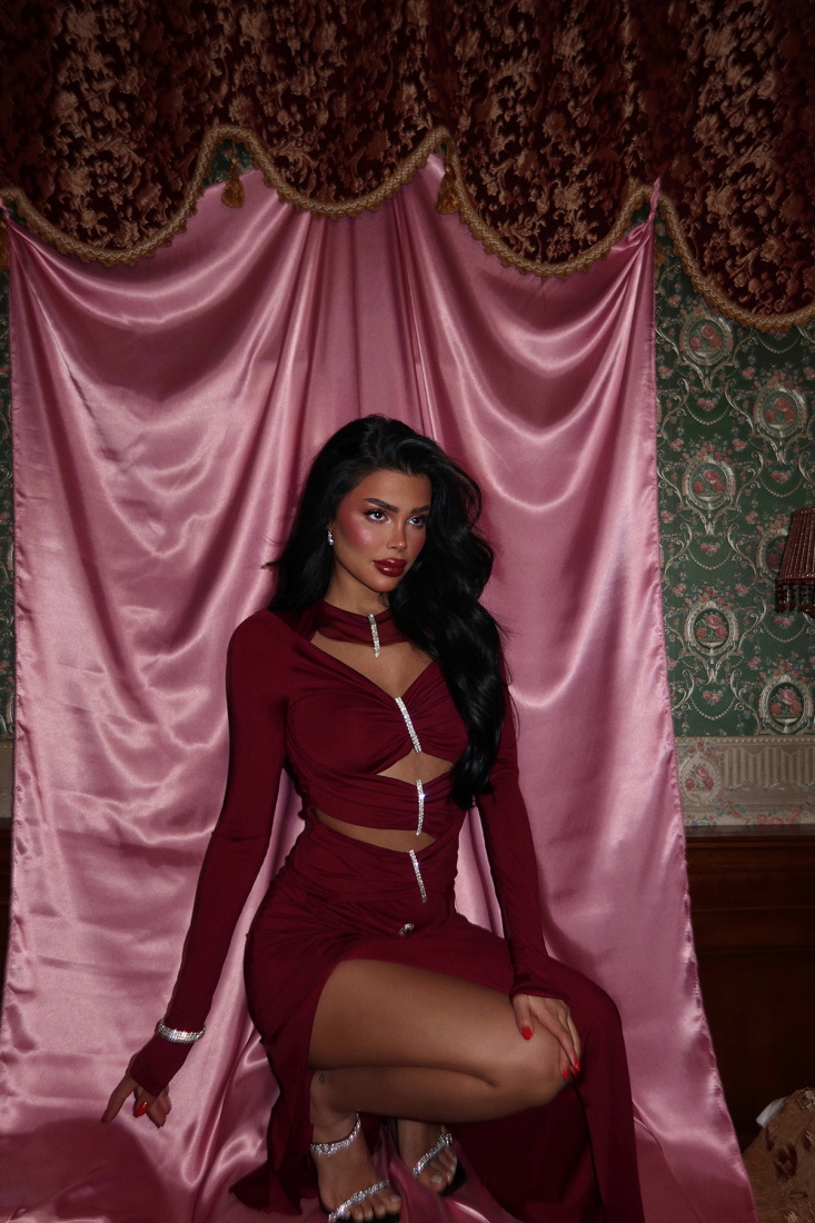 Bordo Olesia Taş Detaylı Uzun Elbise ATE-2326 - EYYO