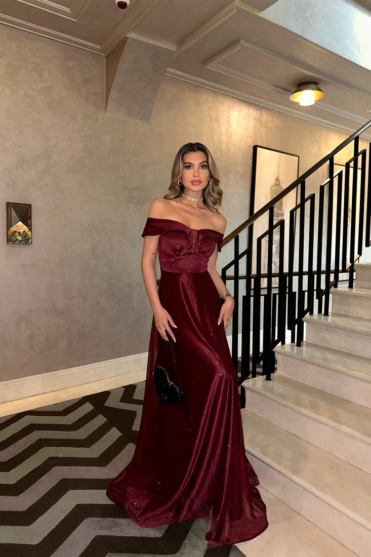 Bordo Simli Tül Uzun Abiye Elbise ATE6510 - EYYO