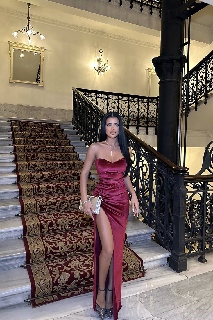 Bordo ROSE Straplez Derin Yırtmaçlı Elbise ATE-0470 - EYYO