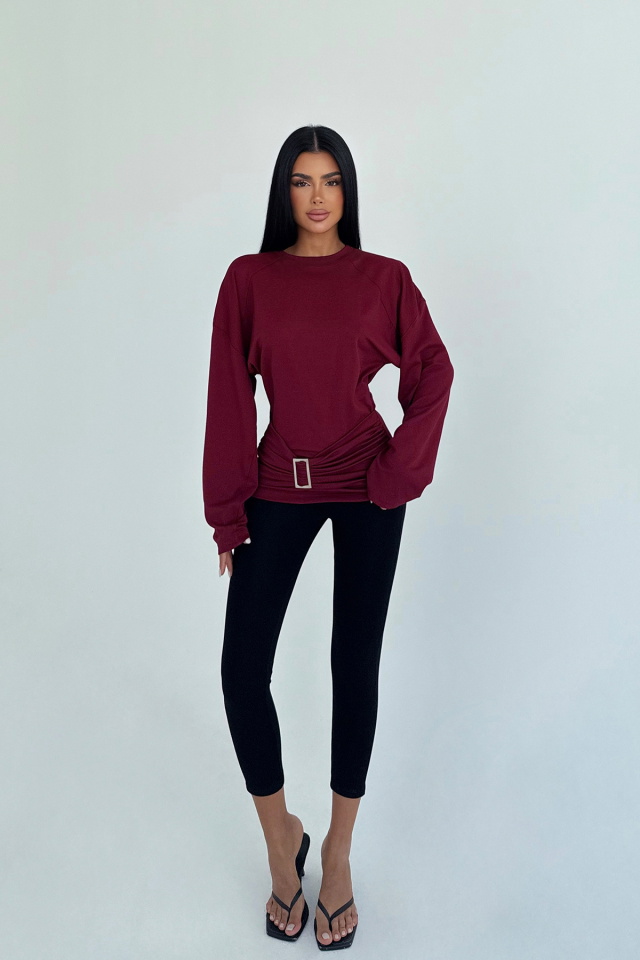 Bordo Pia Uzun Kollu Bluz