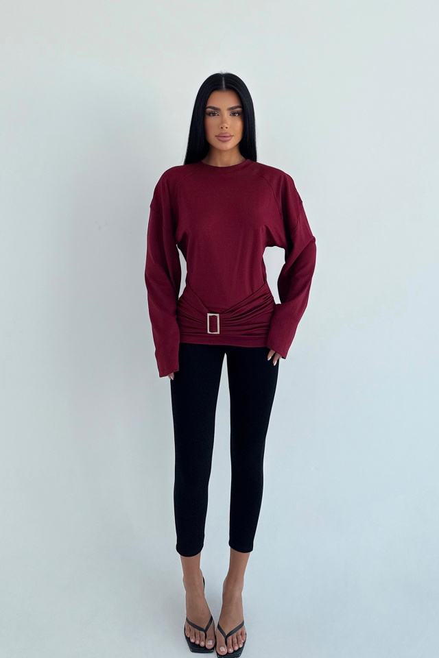 Bordo Pia Uzun Kollu Bluz