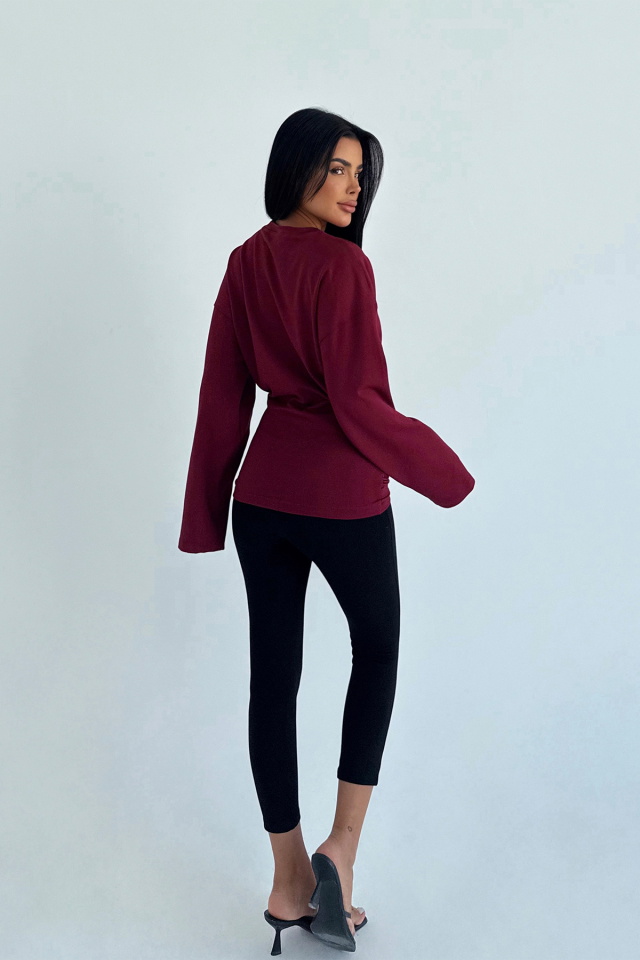 Bordo Pia Uzun Kollu Bluz