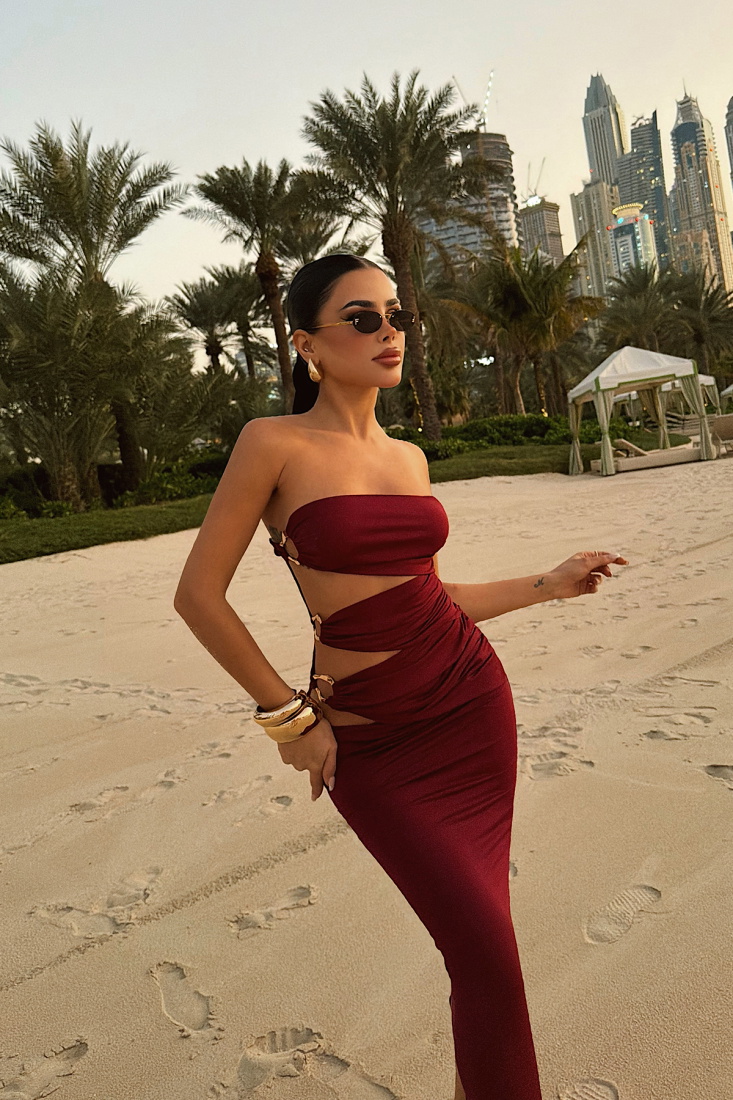 Bordo Oleander Uzun Yan Aksesuar Detaylı Elbise ATE-4697 - EYYO