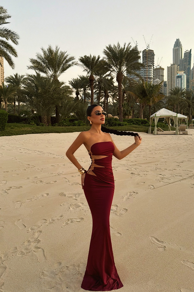 Bordo Oleander Uzun Yan Aksesuar Detaylı Elbise ATE-4697 - 3