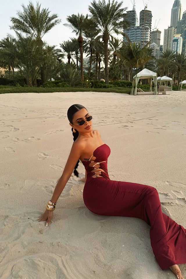 Bordo Oleander Uzun Yan Aksesuar Detaylı Elbise ATE-4697 - 4