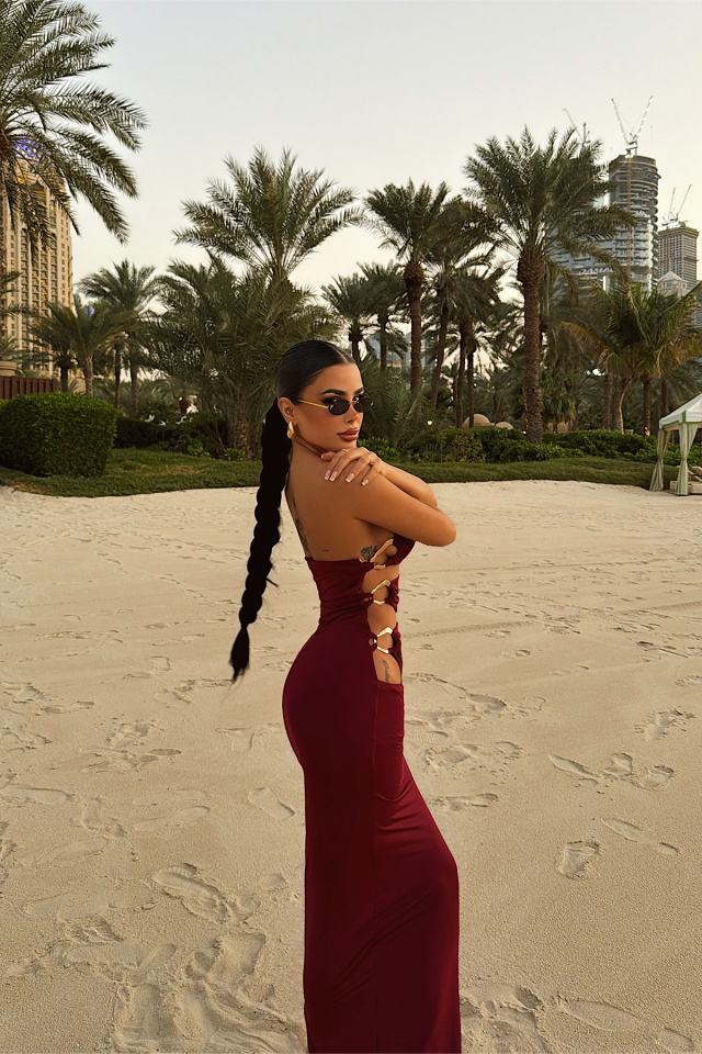 Bordo Oleander Uzun Yan Aksesuar Detaylı Elbise ATE-4697 - 5