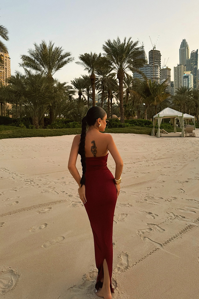 Bordo Oleander Uzun Yan Aksesuar Detaylı Elbise ATE-4697 - 6