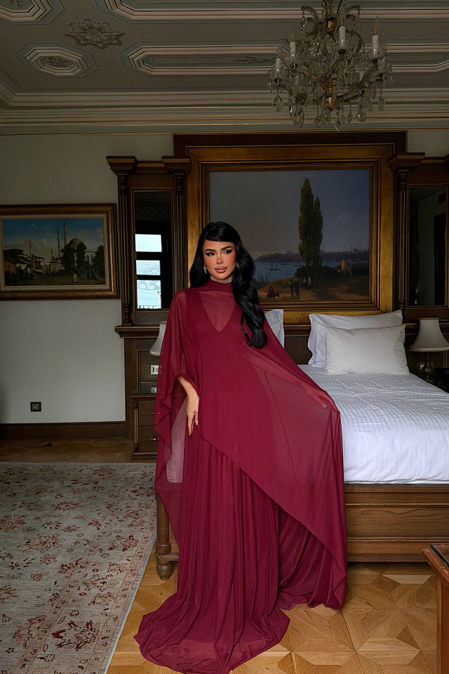 Bordo Tül Detay Elbise ATE-4791 