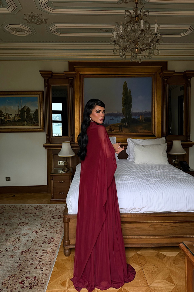 Bordo Tül Detay Elbise ATE-4791 - 5