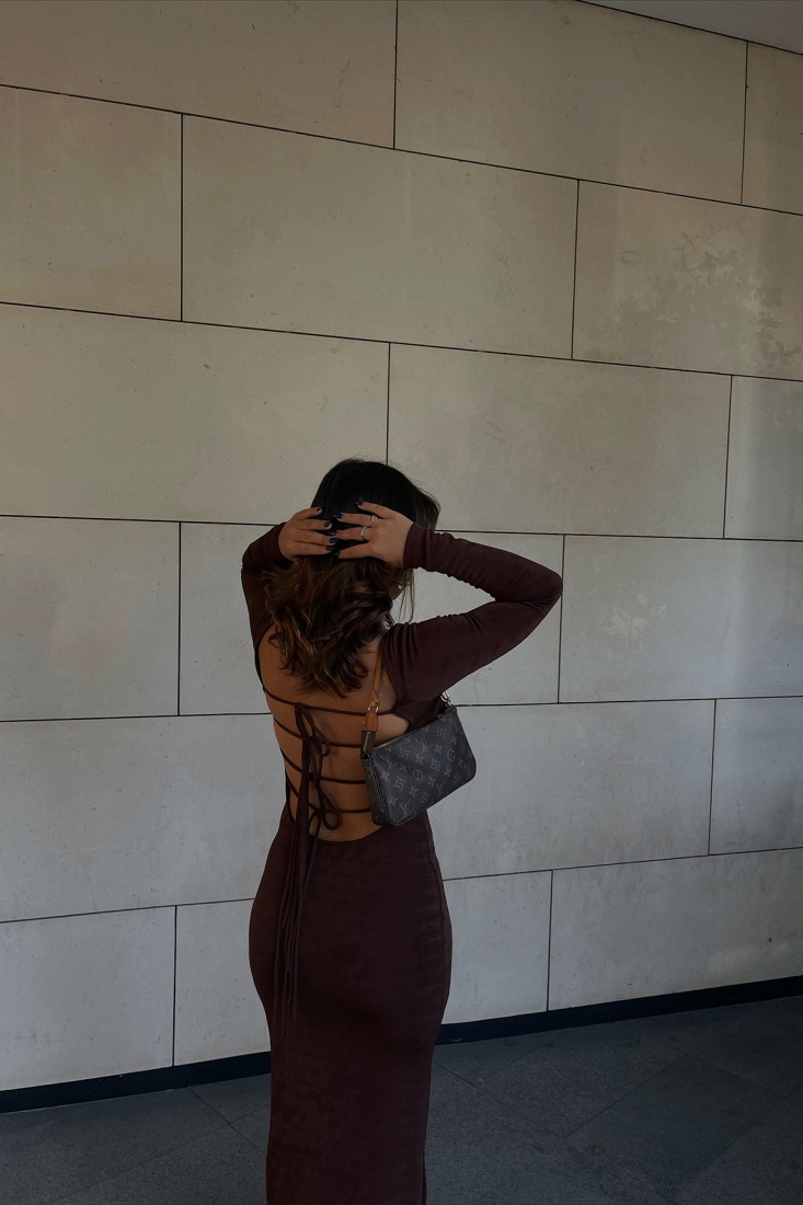 Brown Back Laced Detail Dress ATE1914 - EYYO ATELIER