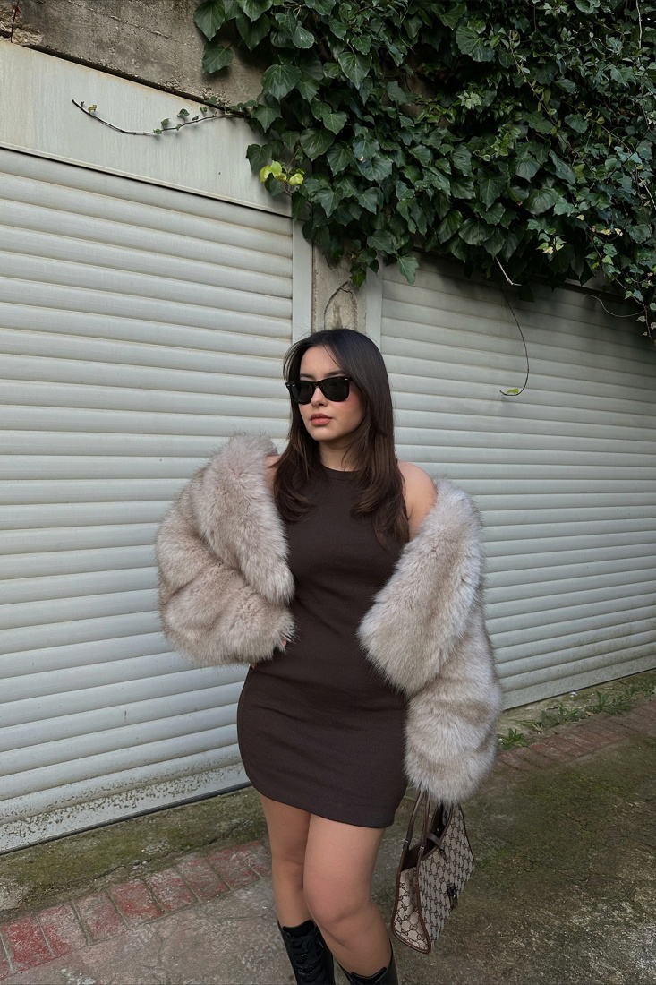 Brown Basic Mini Dress ATE4394 - EYYO