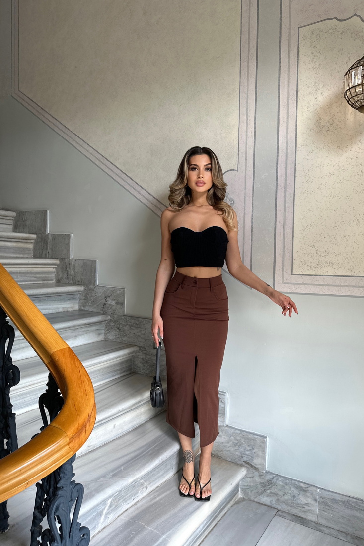 Brown Front Slit Skirt ATE6323 - EYYO