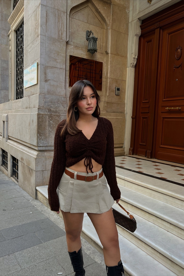 Brown Laced Crop Top ATE2352 - EYYO