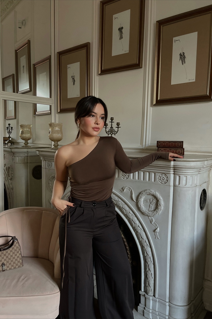 Brown Laced Single Sleeve Bodysuit ATE2981 - EYYO