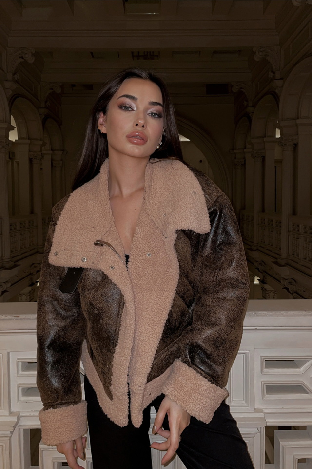 Brown Leather Wool Coat ATE2644 - 1