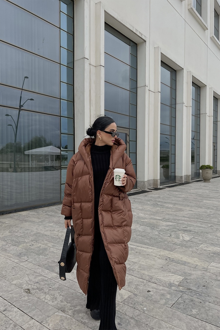 Brown Long Puffer Coat ATE2131 - HALİS