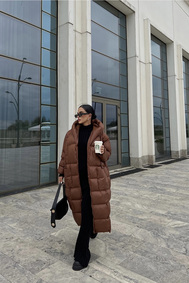 Brown Long Puffer Coat ATE2131 - 4