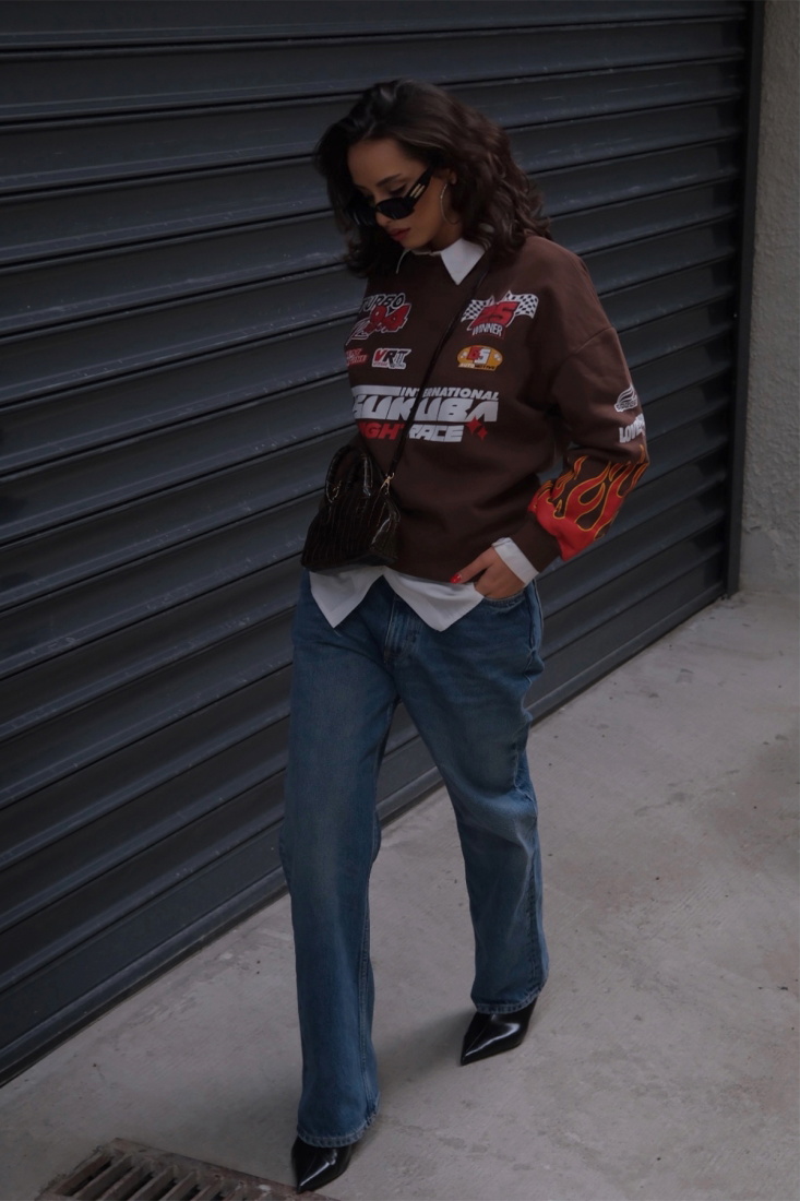 Brown Racing Printed Sweatshirt ATE2445 - EYYO