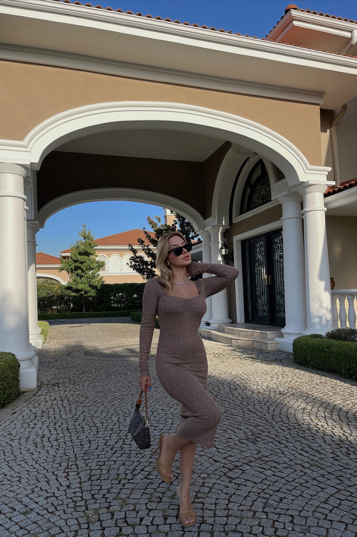 Brown Ribbed Maxi Dress ATE1934 - İHRACAT