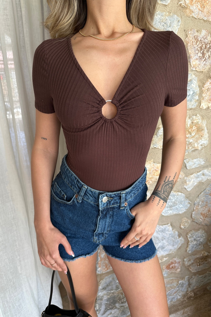 Brown Ring Detail Ribbed Bodysuit ATE6380 - EYYO