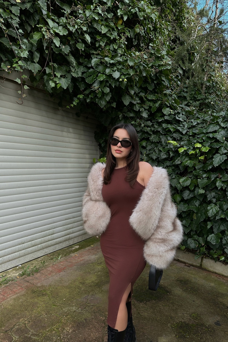 Brown Slit Detail Long Dress ATE4361 - EYYO