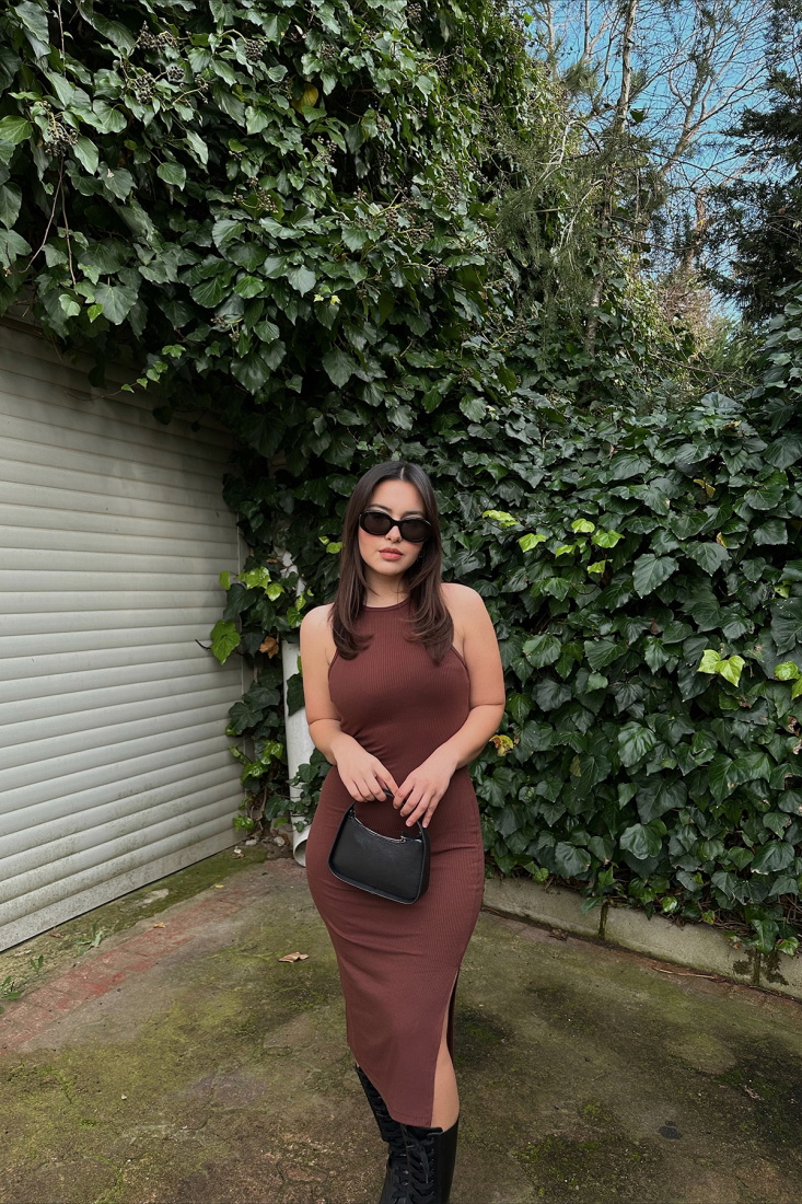 Brown Slit Detail Long Dress ATE4361 - EYYO