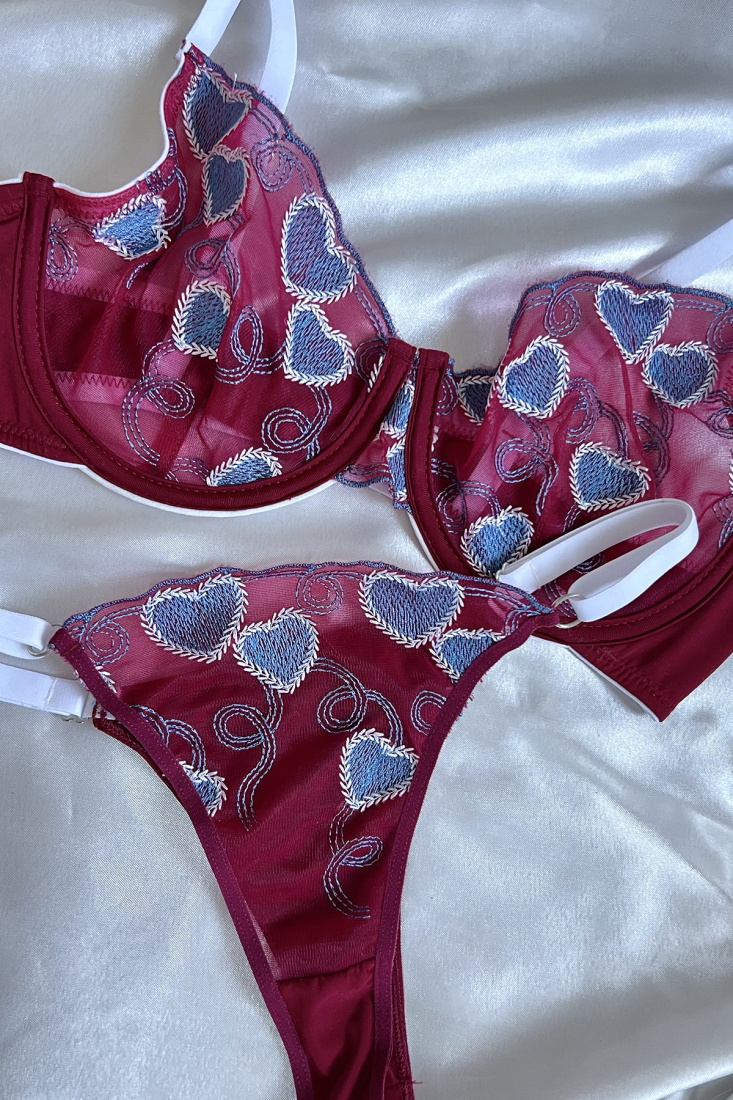 Burgundy Blue Heart Bra Set ATE6265 - EYYO
