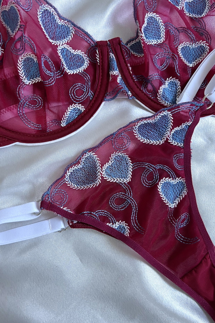 Burgundy Blue Heart Bra Set ATE6265 - EYYO