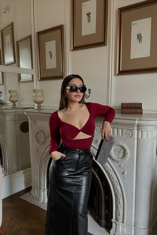 Burgundy Chest Detail Bodysuit ATE3010 
