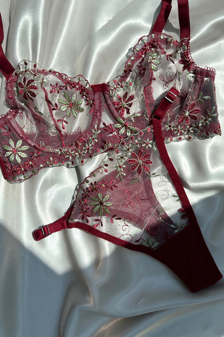 Burgundy Flower Detail Underwear ATE5177 - EYYO