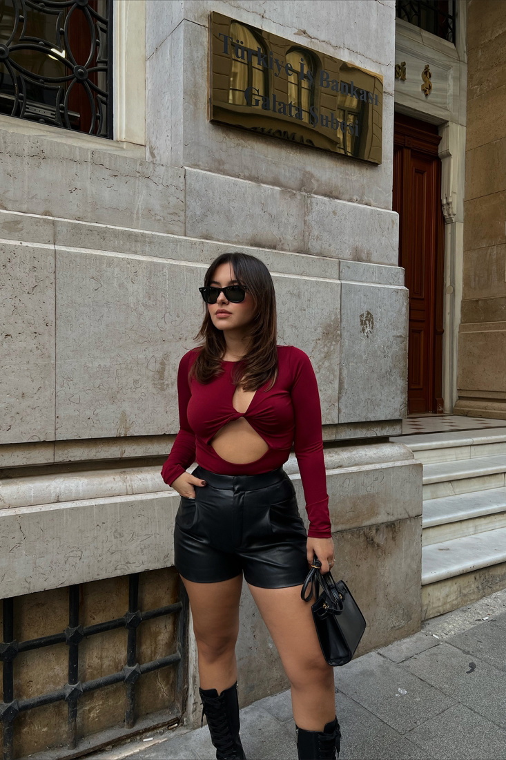 Burgundy Front Detail Bodysuit ATE2347 - EYYO