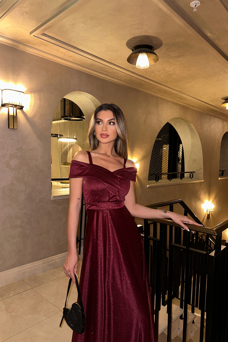 Burgundy Priencess Collar Long Evening Dress ATEL21 - EYYO