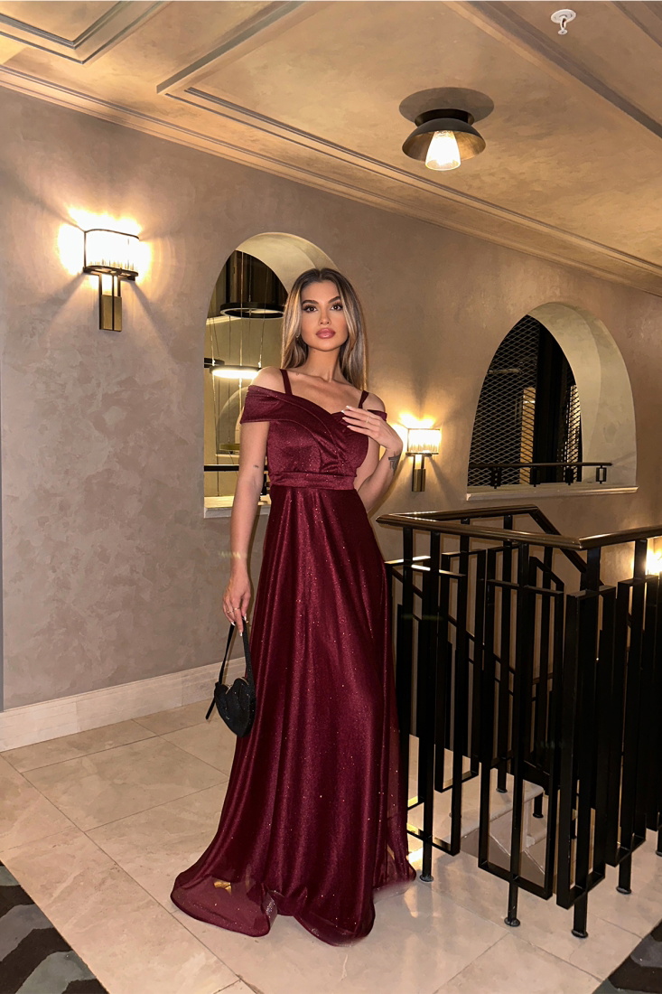 Burgundy Priencess Collar Long Evening Dress ATEL21 - EYYO