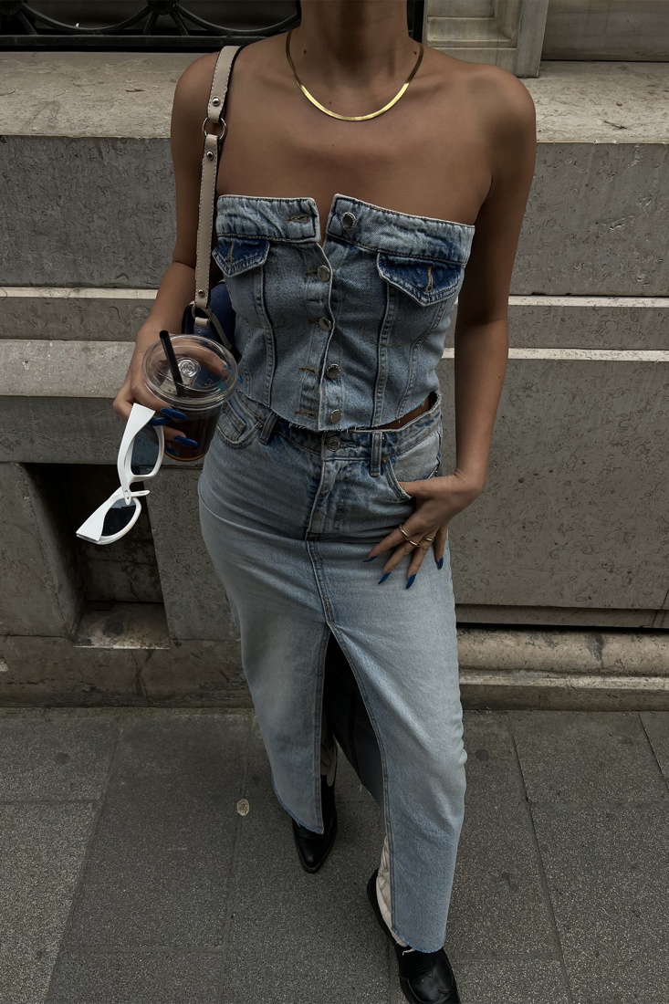 Buttoned Strapless Jean Crop Top ATE6737 - EYYO
