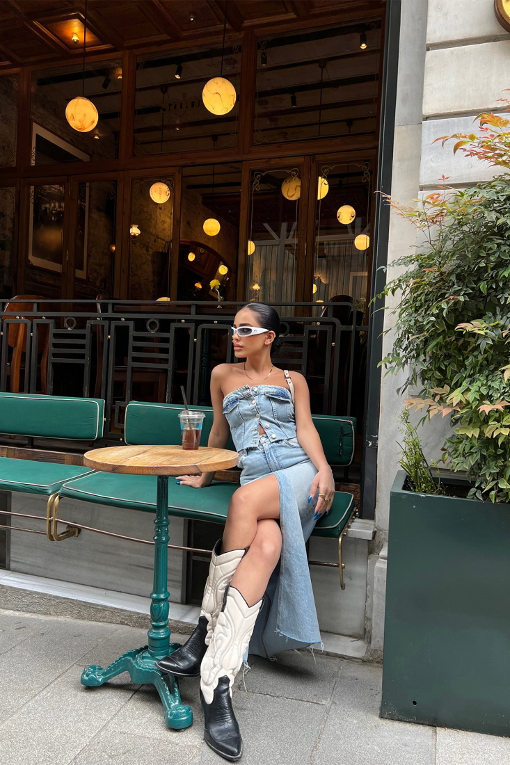 Buttoned Strapless Jean Crop Top ATE6737 - EYYO