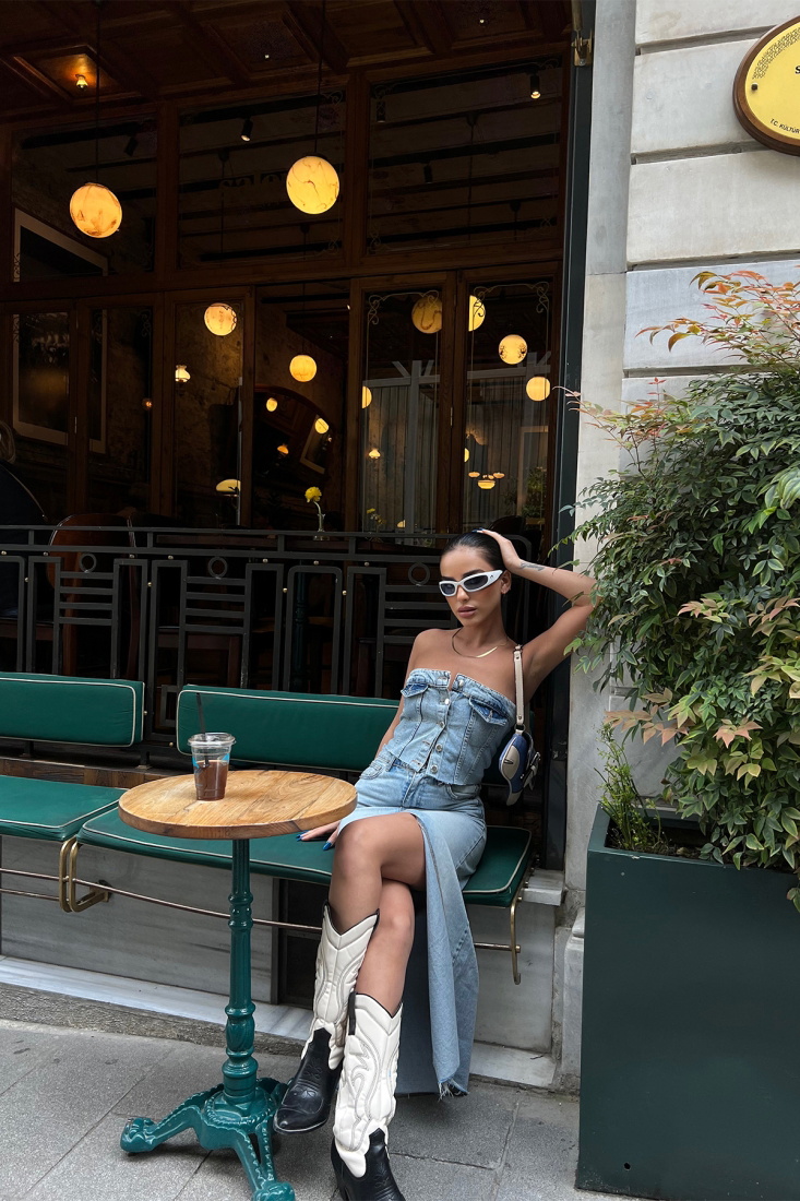 Buttoned Strapless Jean Crop Top ATE6737 - EYYO